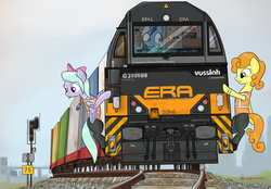 Size: 3508x2448 | Tagged: safe, artist:orang111, carrot top, flitter, golden harvest, minuette, earth pony, pegasus, pony, unicorn, g4, clothes, g2000bb, high res, high-visibility clothing, hud, locomotive, railroad, railway signal, reflective vest, signal, tattoo, tongue out, train, uniform, vossloh g2000bb