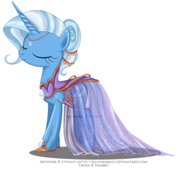 Size: 1108x1060 | Tagged: safe, artist:tiffanymarsou, trixie, pony, unicorn, g4, clothes, dignified wear, dress, eyes closed, fancy, female, gala dress, jewelry, mare, pretty, simple background, smiling, solo, transparent background
