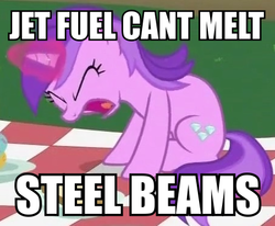 Size: 453x373 | Tagged: safe, edit, edited screencap, screencap, amethyst star, sparkler, pony, unicorn, g4, the mysterious mare do well, 9/11, 9/11 joke, eyes closed, female, image macro, jet fuel can't melt steel beams, mare, meme, op started shit, open mouth