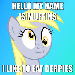 Size: 567x567 | Tagged: safe, artist:cheezedoodle96, derpy hooves, pegasus, pony, g4, :i, female, image macro, mare, meme, muffin, that one nameless background pony we all know and love, we bought two cakes