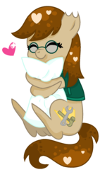 Size: 878x1548 | Tagged: safe, artist:minikirby123, oc, oc only, oc:jackie trade, chibi, clothes, cuddling, cute, eyes closed, glasses, heart, pillow, simple background, sitting, smiling, snuggling, solo, torn ear, vest, white background