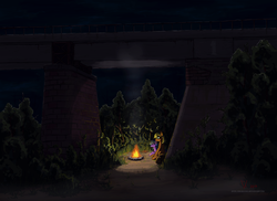 Size: 2340x1700 | Tagged: safe, artist:eriada, oc, oc only, bridge, campfire, fire