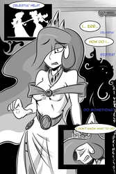 Size: 800x1200 | Tagged: safe, artist:tigerdehavilland, princess celestia, princess luna, human, g4, clothes, comic, dress, evil twin, eyes closed, grayscale, gritted teeth, hair over one eye, humanized, monochrome, open mouth, shadow, tumblr comic, wide eyes
