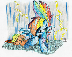 Size: 1250x1000 | Tagged: safe, artist:labba94, applejack, rainbow dash, g4, faint, female, grass, lesbian, lightning, rain, ship:appledash, shipping, traditional art