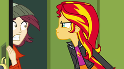 Size: 1920x1080 | Tagged: safe, normal norman, sunset shimmer, equestria girls, g4, my little pony equestria girls, background human, d:, duo, female, glare, gritted teeth, male