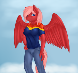 Size: 1726x1613 | Tagged: safe, artist:daf, oc, oc only, oc:torrent, pegasus, anthro, captain marvel (marvel), clothes, hand on hip, jeans, pants, shirt, smiling, solo, standing