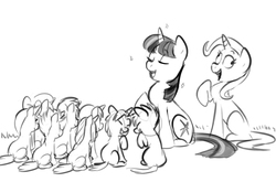 Size: 994x657 | Tagged: safe, artist:imalou, trixie, twilight sparkle, pony, unicorn, g4, black and white, derp, female, foal, grayscale, laughing, lesbian, mare, mocking, monochrome, ship:twixie, shipping, simple background, unicorn twilight, white background