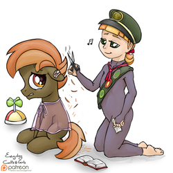Size: 2000x2000 | Tagged: safe, artist:smudge proof, button mash, tag-a-long, human, g4, bandaid, barefoot, book, clothes, colt, everyday colts & girls, feet, foal, gingermash, hairdresser, hat, high res, humanized, male, manedresser, patreon, patreon logo, propeller hat, scissors, see-through, shipping, sitting, sketch, this will end in pain, uncomfortable