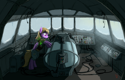 Size: 1544x993 | Tagged: safe, artist:eriada, oc, oc only, oc:dazzling "dodo" dusk, pegasus, pony, fallout equestria, fallout equestria: the fossil, clothes, jacket, machine, pipbuck, shorts, technology, window