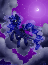 Size: 3000x4000 | Tagged: safe, artist:frostykat13, princess luna, g4, cloud, cloudy, female, flying, moon, night, solo
