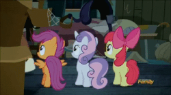 Size: 400x224 | Tagged: safe, screencap, apple bloom, scootaloo, sweetie belle, trouble shoes, earth pony, pegasus, pony, unicorn, appleoosa's most wanted, g4, animated, cutie mark crusaders, male, stallion, unshorn fetlocks