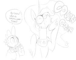 Size: 731x578 | Tagged: safe, artist:sunibee, princess celestia, spike, g4, bowtie, clothes, cough, coughing, eye bulging, monochrome, nervous, sketch, suit, the birds and the bees, the talk