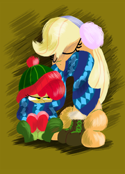 Size: 1380x1920 | Tagged: safe, artist:talonsofwater, apple bloom, applejack, earth pony, pony, g4, apple bloom is not amused, apple sisters, boots, bundled up, bundled up for winter, clothes, duo, earmuffs, hat, scarf, siblings, sisters, socks, winter outfit