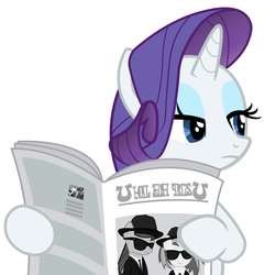 Size: 578x600 | Tagged: safe, dj pon-3, octavia melody, rarity, vinyl scratch, cat, earth pony, pony, unicorn, g4, ponyville confidential, background pony, blues brothers, eyeshadow, female, foal free press, lidded eyes, makeup, mare, newspaper