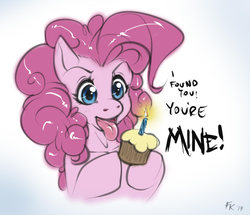 Size: 722x622 | Tagged: safe, artist:fluff-kevlar, pinkie pie, earth pony, pony, g4, candle, cupcake, dialogue, female, mare, open mouth, solo, tongue out