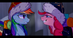 Size: 6167x3212 | Tagged: safe, artist:8bitamy, pinkie pie, rainbow dash, pony, g4, the lost treasure of griffonstone, absurd resolution, duo, female, grin, hat, looking at each other, mare, mongolian shepherd hat, scene interpretation, tonight you