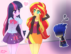 Size: 1457x1103 | Tagged: safe, artist:riouku, flash sentry, sunset shimmer, twilight sparkle, alicorn, equestria girls, g4, blushing, chibi, clothes, cute, debate in the comments, eye clipping through hair, eye contact, eyebrows, eyebrows visible through hair, female, flashabuse, heart, holding hands, lesbian, looking at each other, looking at someone, rejection, ship:sunsetsparkle, shipping, skirt, smiling, smiling at each other, twilight sparkle (alicorn)