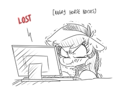 Size: 1209x859 | Tagged: dead source, safe, artist:xieril, rainbow dash, pony, g4, angry, angry horse noises, computer, descriptive noise, female, horse noises, mare, monochrome, rage, rage quit, scrunchy face, simple background, solo, text, white background