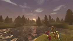 Size: 1024x576 | Tagged: safe, artist:the-lunar-brony, apple bloom, applejack, g4, 3d, lake, source filmmaker, sunrise