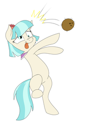 Size: 1800x2400 | Tagged: safe, artist:mofetafrombrooklyn, coco pommel, earth pony, pony, g4, coconut, dizzy, female, knocked silly, silly, silly pony, simple background, slapstick, solo, tongue out, white background