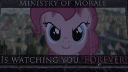 Size: 1280x720 | Tagged: safe, screencap, pinkie pie, earth pony, pony, fallout equestria, g4, billboard, fallout: new vegas, fallout: new vegas mod, fanfic, fanfic art, female, forever, looking at you, mare, ministry mares, ministry of morale, pinkie pie is watching you, poster, propaganda, smiling, solo, text
