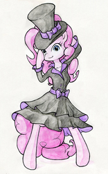 Size: 1201x1920 | Tagged: safe, artist:gezawatt, pinkie pie, earth pony, anthro, g4, bowtie, clothes, colored, dress, elegant, female, hat, looking at you, painting, smiling, solo, traditional art