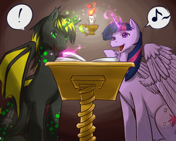 Size: 1280x1024 | Tagged: safe, artist:myukari, twilight sparkle, oc, oc:astrowolf, alicorn, bat pony, pony, g4, alicorn oc, book, candle, canon x oc, donut steel, reading, shipping, twilight sparkle (alicorn)