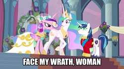 Size: 926x517 | Tagged: safe, edit, edited screencap, screencap, princess celestia, queen chrysalis, shining armor, a canterlot wedding, g4, caption, description story, explicit description, fake cadance, image macro, meme, text