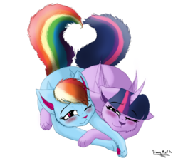 Size: 759x685 | Tagged: dead source, safe, artist:saphi-boo, rainbow dash, twilight sparkle, cat, g4, blushing, catified, female, lesbian, rainbow cat, ship:twidash, shipping, simple background, species swap, transparent background, twilight cat, twilight sparkle (alicorn)