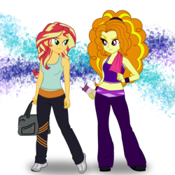 Size: 3467x3467 | Tagged: safe, artist:skycatcherequestria, adagio dazzle, sunset shimmer, equestria girls, g4, belly button, clothes, cute, female, fitness, high res, lesbian, midriff, realistic proportions, ship:sunsagio, shipping, shoes, show accurate, simple background, sneakers, tank top, towel, transparent background, water bottle, workout outfit