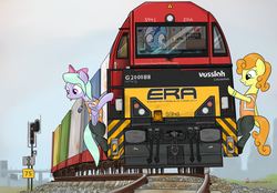 Size: 3508x2448 | Tagged: safe, artist:orang111, carrot top, flitter, golden harvest, minuette, earth pony, pegasus, pony, unicorn, g4, clothes, g2000bb, hanging, high res, horn, locomotive, railway signal, tattoo, tongue out, train, uniform, vossloh g2000bb