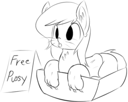 Size: 463x371 | Tagged: safe, artist:rice, oc, oc only, oc:pet pony, :p, ask, behaving like a cat, cute, explicit source, fluffy, innuendo, leaning, monochrome, prone, pun, solo, tongue out, tumblr