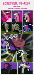 Size: 1919x4139 | Tagged: safe, artist:estories, discord, oc, oc:penumbra, alicorn, draconequus, pony, comic:find yourself, g4, body horror, comic, crystal, crystal horn, eldritch abomination, energy blast, glowing, glowing eyes, glowing horn, hirudo, horn