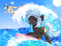 Size: 1644x1230 | Tagged: safe, artist:picklesquidly, oc, oc only, oc:cosmic chrome, oc:high tide, earth pony, pegasus, pony, contest, summer, surfboard, surfing