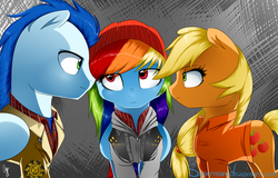 Size: 1381x884 | Tagged: safe, artist:supermare, applejack, rainbow dash, soarin', g4, beanie, clothes, crossover, delsin rowe, hat, infamous, infamous second son, video game