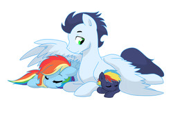 Size: 3000x2000 | Tagged: safe, artist:kianamai, rainbow dash, soarin', oc, oc:prism bolt, kilalaverse, g4, family, father and son, female, high res, like father like son, like mother like son, like parent like child, male, mother and son, next generation, offspring, parent:rainbow dash, parent:soarin', parents:soarindash, ship:soarindash, shipping, simple background, sleeping, spread wings, straight, white background, wing blanket