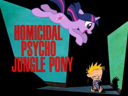 Size: 900x675 | Tagged: safe, artist:lahirien, twilight sparkle, g4, calvin (calvin and hobbes), calvin and hobbes, homicidal psycho jungle cat, parody, pounce, title