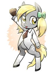 Size: 600x800 | Tagged: safe, artist:quizia, derpy hooves, pony, g4, :p, bipedal, clothes, female, muffin, necktie, simple background, solo, white background