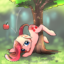 Size: 900x900 | Tagged: safe, artist:quizia, pinkie pie, earth pony, pony, g4, magical mystery cure, apple, applebucking, cute, diapinkes, female, mare, pinkamena diane pie, sad, scene interpretation, solo, swapped cutie marks, tree