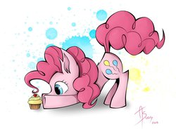 Size: 1024x795 | Tagged: safe, artist:animestrife009, pinkie pie, g4, cherry, cupcake, cute, diapinkes, ear fluff, face down ass up, female, paint splatter, ponk, profile, solo