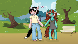 Size: 1024x576 | Tagged: safe, artist:moekonya, oc, oc only, oc:tiny tales, anthro, anthro oc, blushing, clothes, dress, frilly dress, heart, in love, love, romance, shipping, tailes