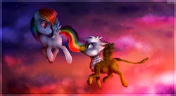 Size: 3000x1647 | Tagged: safe, artist:unilx, gilda, rainbow dash, griffon, g4, the lost treasure of griffonstone, filly