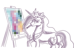 Size: 683x449 | Tagged: safe, artist:pon_pon_pon, princess celestia, princess molestia, g4, brush, censored, monochrome, pervert, picture