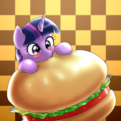 Size: 1000x1000 | Tagged: dead source, safe, artist:ushiro no kukan, twilight sparkle, pony, g4, abstract background, burger, checkered background, cute, female, food, hay burger, micro, nom, ponies in food, solo, twiabetes, twilight burgkle, ushiro is trying to murder us