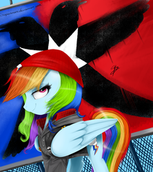 Size: 2268x2559 | Tagged: safe, artist:supermare, rainbow dash, g4, backwards cutie mark, beanie, clothes, crossover, delsin rowe, female, hat, high res, infamous, infamous second son, solo, video game