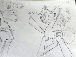 Size: 1024x764 | Tagged: safe, artist:kknkbaker, dj pon-3, neon lights, rising star, vinyl scratch, g4, female, male, monochrome, ship:vinylights, shipping, straight, traditional art