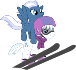 Size: 1600x1483 | Tagged: safe, artist:chainchomp2, double diamond, night glider, earth pony, pegasus, pony, g4, the cutie map, .svg available, carrying, clothes, cute, female, flying, goggles, helmet, male, mare, scarf, simple background, skiing, skiing helmet, skis, smiling, smirk, spread wings, stallion, transparent background, vector