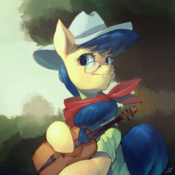 Size: 1024x1024 | Tagged: safe, artist:chung-sae, fiddlesticks, earth pony, pony, g4, apple family member, bandana, clothes, cottagecore, cowboy hat, female, fiddle, glasses, hat, mare, musical instrument, shirt, solo