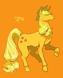 Size: 599x741 | Tagged: safe, artist:pigeon666, applejack, earth pony, pony, g4, female, orange background, serious, simple background, solo