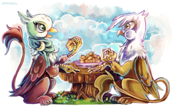 Size: 1246x766 | Tagged: dead source, safe, artist:matrosha123, gilda, greta, griffon, g4, the lost treasure of griffonstone, cloud, eating, female, friendship, frown, griffon scone, open mouth, puffy cheeks, sitting, smiling, table, wide eyes